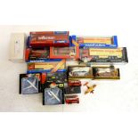 A box of model cars, aeroplanes and lorries including Corgi, Williamson, Weetabix, 007 etc.