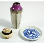 An Edwardian porcelain vase, a French pill box and a George Jones Isle of Man pin dish