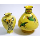 Two Shelley Intarsio vases with a yellow ground, one restored and one with chip