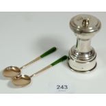 A silver pepper grinder, Birmingham 1932 and a pair of silver coffee spoons with jade handles