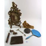 A box of treen and collectables to include easel frame, bodkin holder, snakeskin wallet, etc