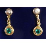 A pair of 14k gold pendant earrings set emeralds and diamonds, total weight 13g, 3cm long