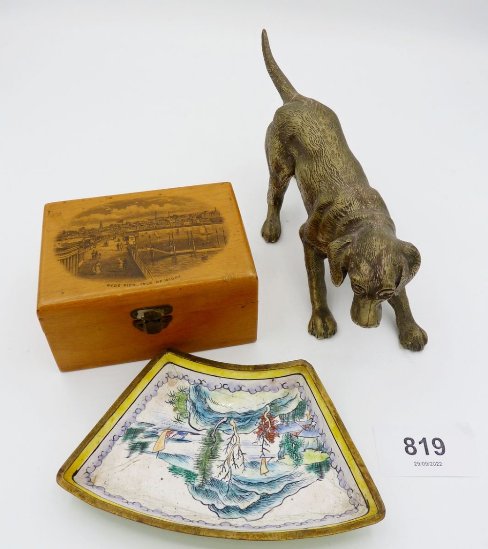 A brass dog, a Ryde Pier souvenir box and a Chinese enamel dish