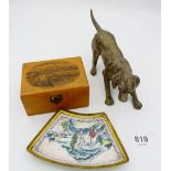 A brass dog, a Ryde Pier souvenir box and a Chinese enamel dish