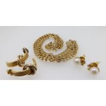 A 9 carat gold chain, 8.3g and two pairs of 9 carat gold earrings 5.4g total weight including pearls