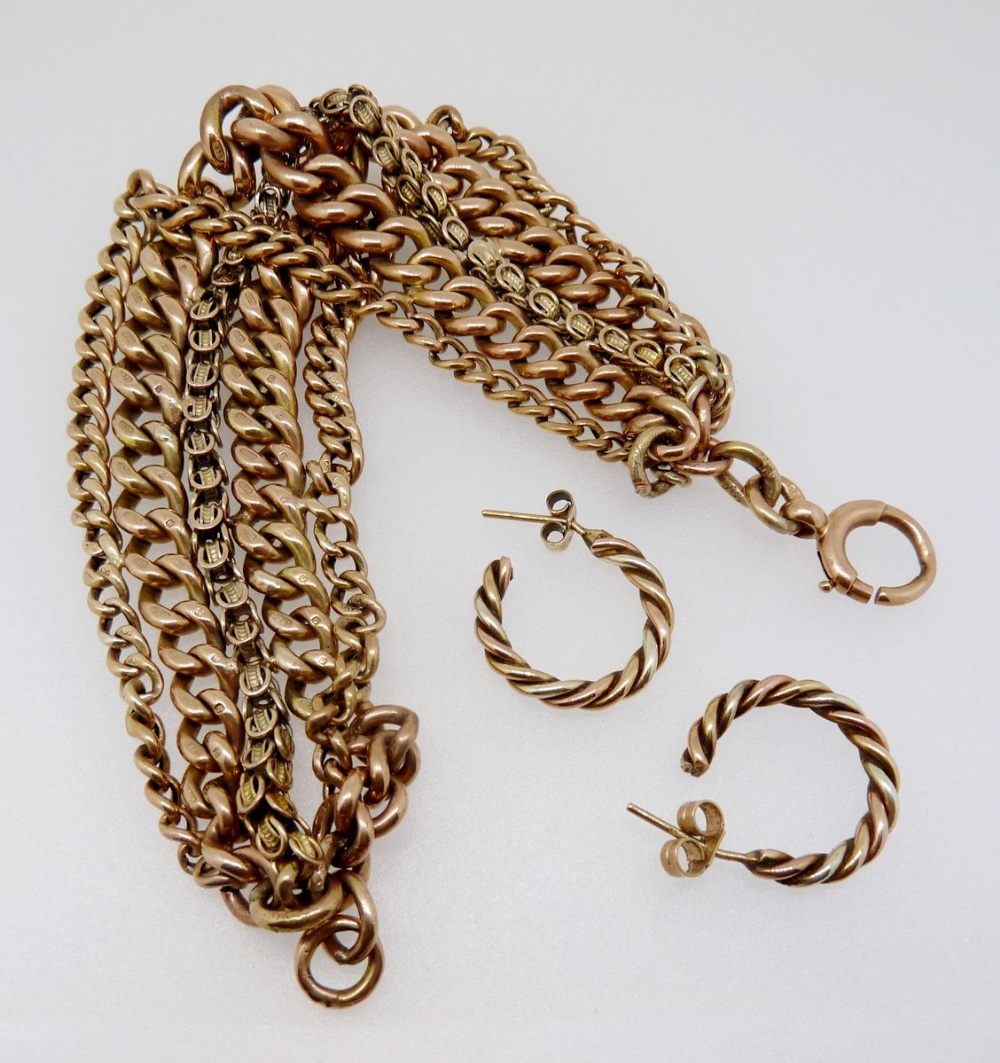 A wide bracelet made from gold Albert chains and pair of matching earrings, bracelet 58g and