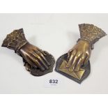 Two Victorian brass hand form paper or correspondence clips