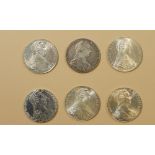 Six Maria Theresia thaler silver coins, dated 1780