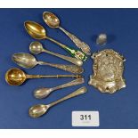 A silver St Christopher plaque, three silver spoons and a silver thimble plus 800 standard spoon