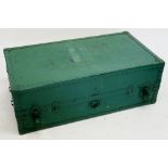 An antique green painted metal bound trunk