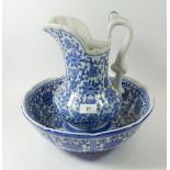 A blue and white reproduction toiletry jug and bowl