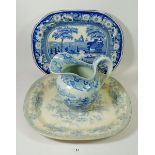A stone china Chinoiserie blue and white jug and a Victorian meat plates