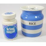 A T.G Green & Co rice storage jar with lid, 15cm H together with a Tate & Lyle icing sugar sifter