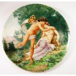 A French pottery charger painted mythological scene with maiden and winged man after W Bouguereau,