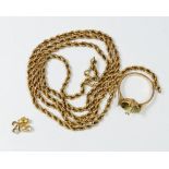 A 14k gold spiral link necklace (clasp a/f) 16.5g, a 14k gold ring frame and three earring backs 2.