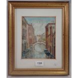 Paolo Biasini - a contemporary oil on wood panel, depicting a Venetian bridge over a canal, signed