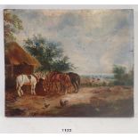 An early 19th century oil on wooden panel rural scene with horses - the verso painted part furnished