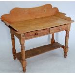 A Victorian pine washstand with raised back and two frieze drawers, 116cm wide