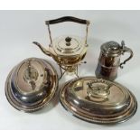 A pair of silver plated entree dishes, a tea kettle and a silver plated tankard