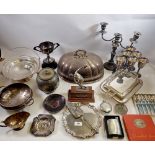 A box of various silver plated items including meat dome etc