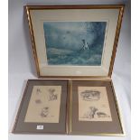 Two framed prints of sketched Pekinese and Chow and a hunting print, 27 x 21cm