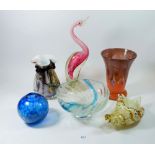 A group of coloured glass including two vases, bowl, flamingo clam shell etc