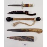 A Persian knife with decorative inlay to blade and carved handle, a horn handled knife and a '