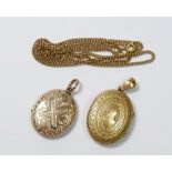 Two yellow metal oval lockets and a 9 carat gold chain (chain 6g)