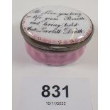 A 19th century enamel oval box with text 'I'll Love You Long', 14cm