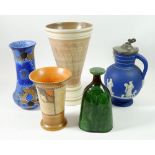 A collection of five various pottery items including a Poole 715 vase, 25cm H, a Wedgwood jug with