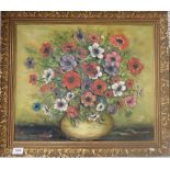 Oil on canvas - still life of Anemones in a vase, 45 x 54cm