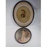 A vintage oval print of a woman with fox fur and a photographic print portrait