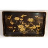 A black and gilt large Japanese lacquer tray painted birds and flowers, 67 x 40cm