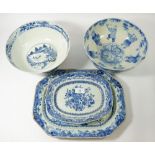 A Chinese blue and white meat plates, and two fruit bowls - all with damage