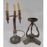 A brass three branch table lamp and a brass comport base