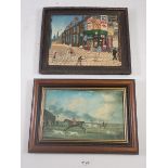 A moulded street scene picture, 19 x 24cm and an hunting print