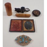 A Victorian Tunbridgeware circular pin holder and various collectables including loupe and