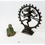 A small Chinese bronze figure of a seated Buddha, 8.5cm and an Indian bronze Shiva figure, 23cm