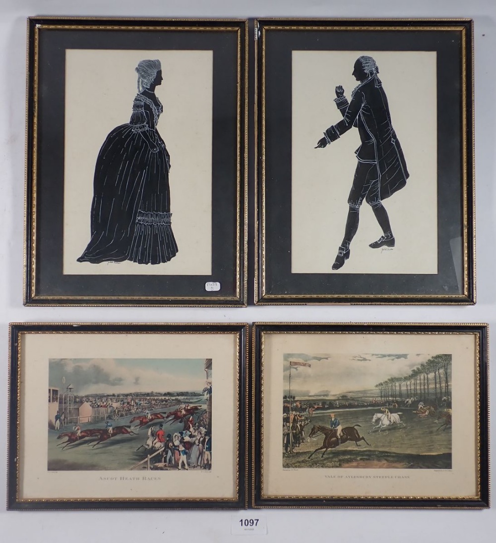 Two pen and ink and gouache silhouette paintings by Judith Burton 25 x 16cm and two lithograph