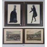 Two pen and ink and gouache silhouette paintings by Judith Burton 25 x 16cm and two lithograph