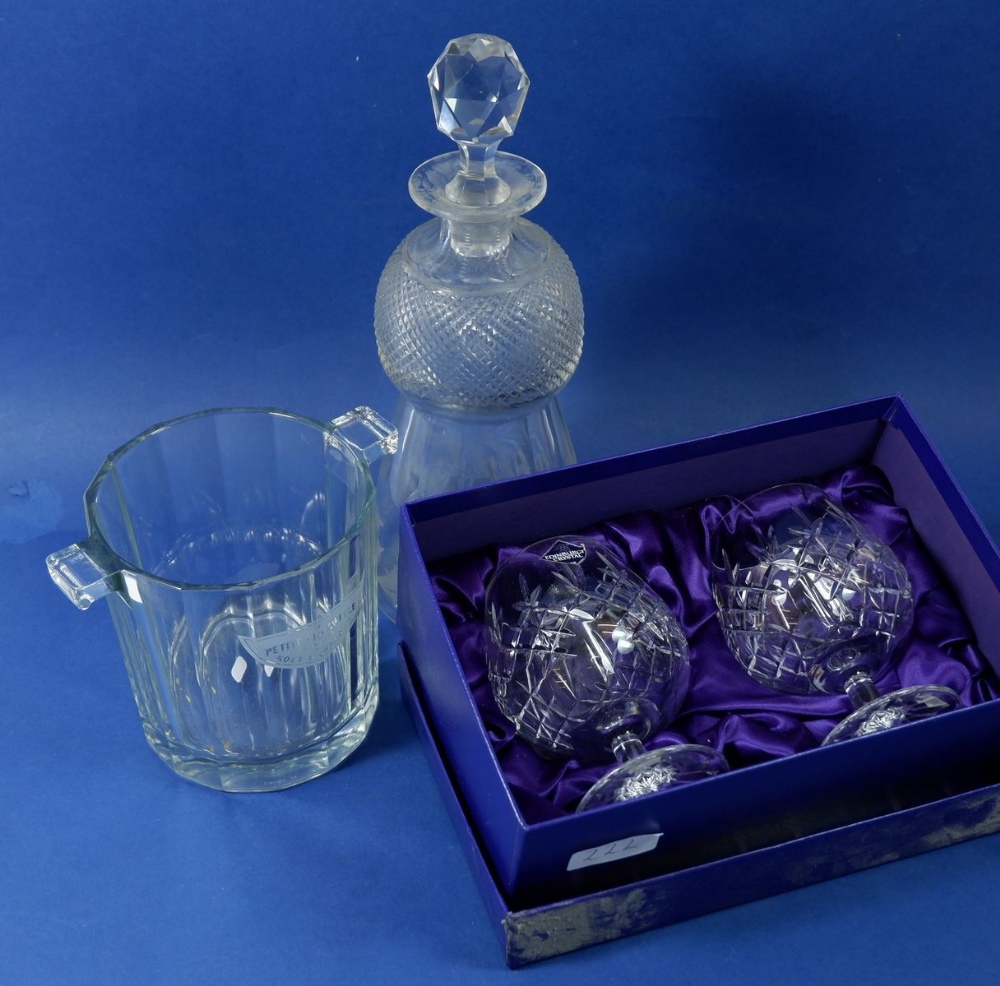 A thistle etched decanter with associated stopper with a Petite Liquorelle Moet & Chandon glass