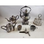 A box of silver plated items including Victorian spirit kettle