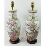 A pair of Chinese famille rose style table lamps, one a/f, 42cm