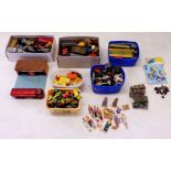 A box of die cast vehicles and various toys including lead farm, cut out figures etc