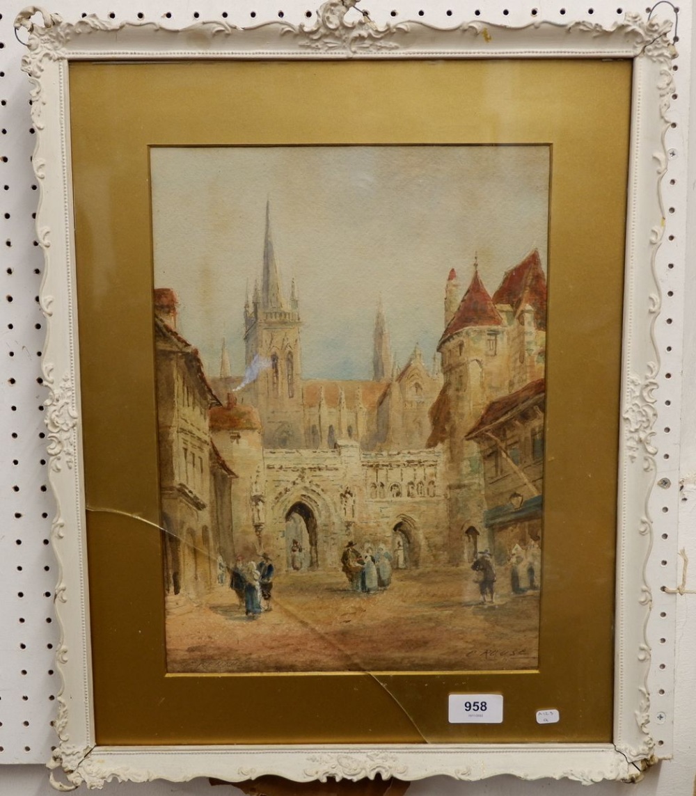 Charles Rouse - watercolour French town scene, signed, 36 x 27cm