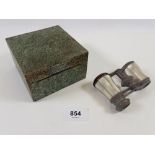 A Shagreen covered box, 10 x 10 x 6cm and a pair of mother of pearl opera glasses, a/f