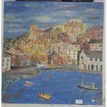 Jack Edwards - naive oil on board seaside scene, possible St Ives, 60 x 59cm