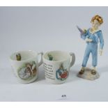 A Royal Worcester figure Parakeet and two Wedgwood Beatrix Potter small mugs