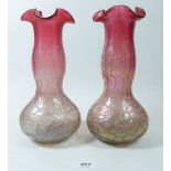 A pair of Victorian frill top pink lustre crackle glaze vases 25cm