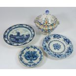 Three various Delft plates, largest 25cm diameter and a Rouen Faience small tureen